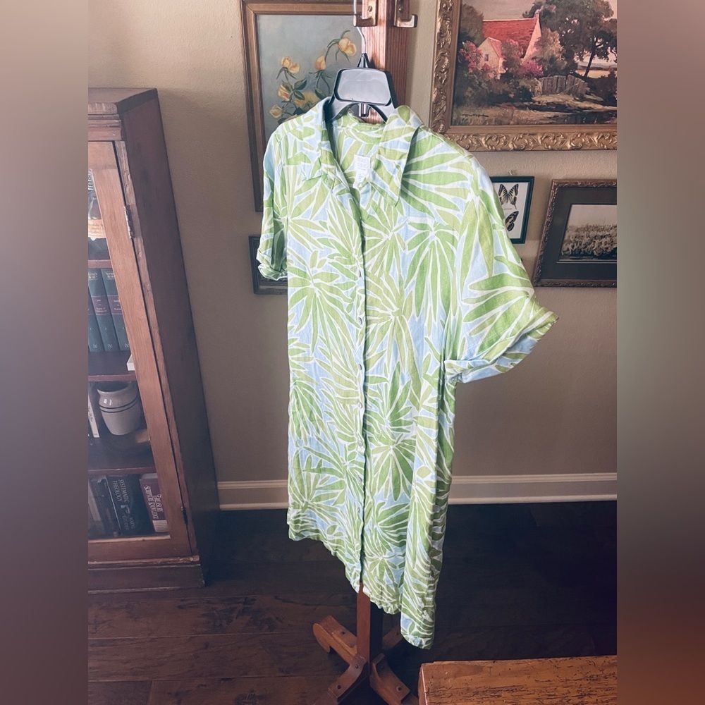 Sigrid Olsen 100% linen button shirt dress pockets short sleeve MED green blue - Picture 3 of 10